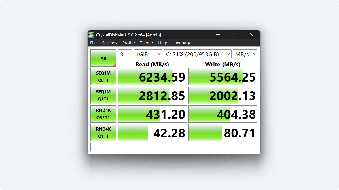 CrystalDiskMark results showing WD NVMe Gen 4 SSD with 6234 MB/s sequential read and 5564 MB/s write speed