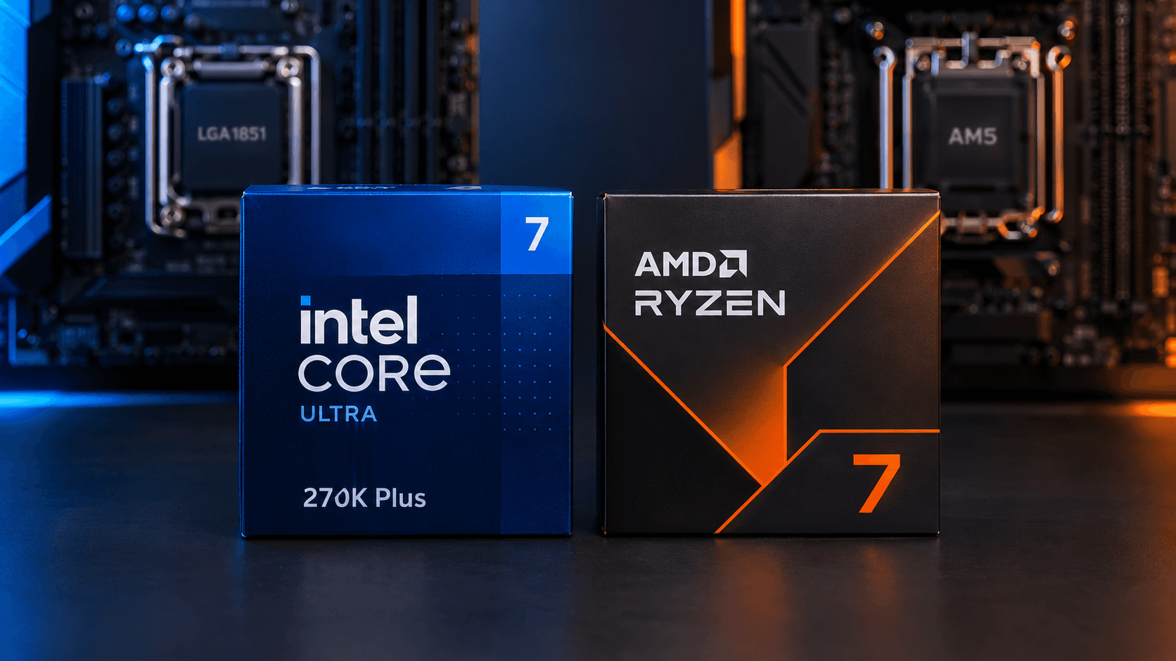 Intel Core Ultra 7 270K Plus and AMD Ryzen 7 processor boxes side by side on a dark desk, with an LGA1851 motherboard socket behind the Intel box and an AM5 socket behind the AMD box