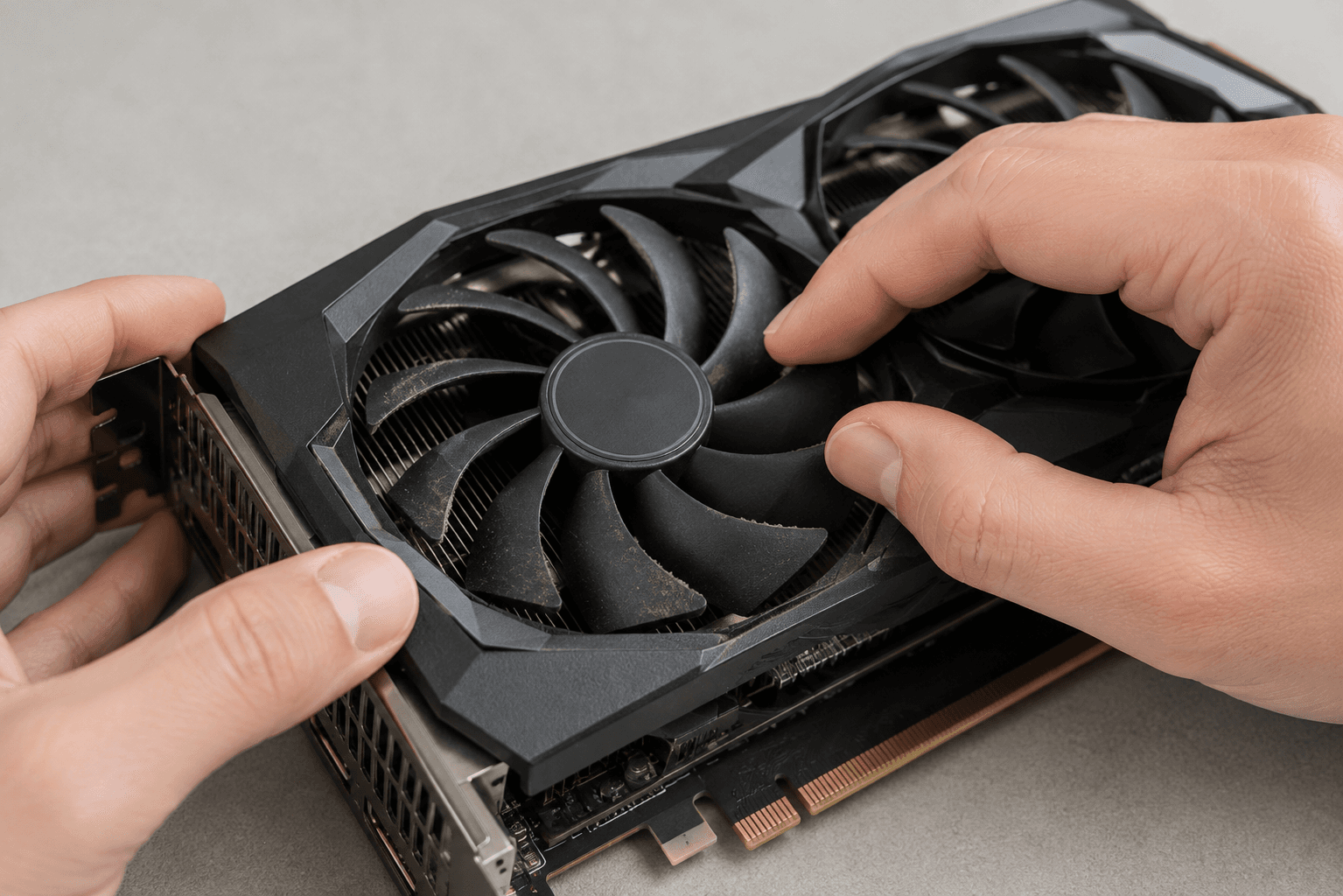 Close-up of hands inspecting a graphics card's fan blades and heatsink for dust buildup and wear