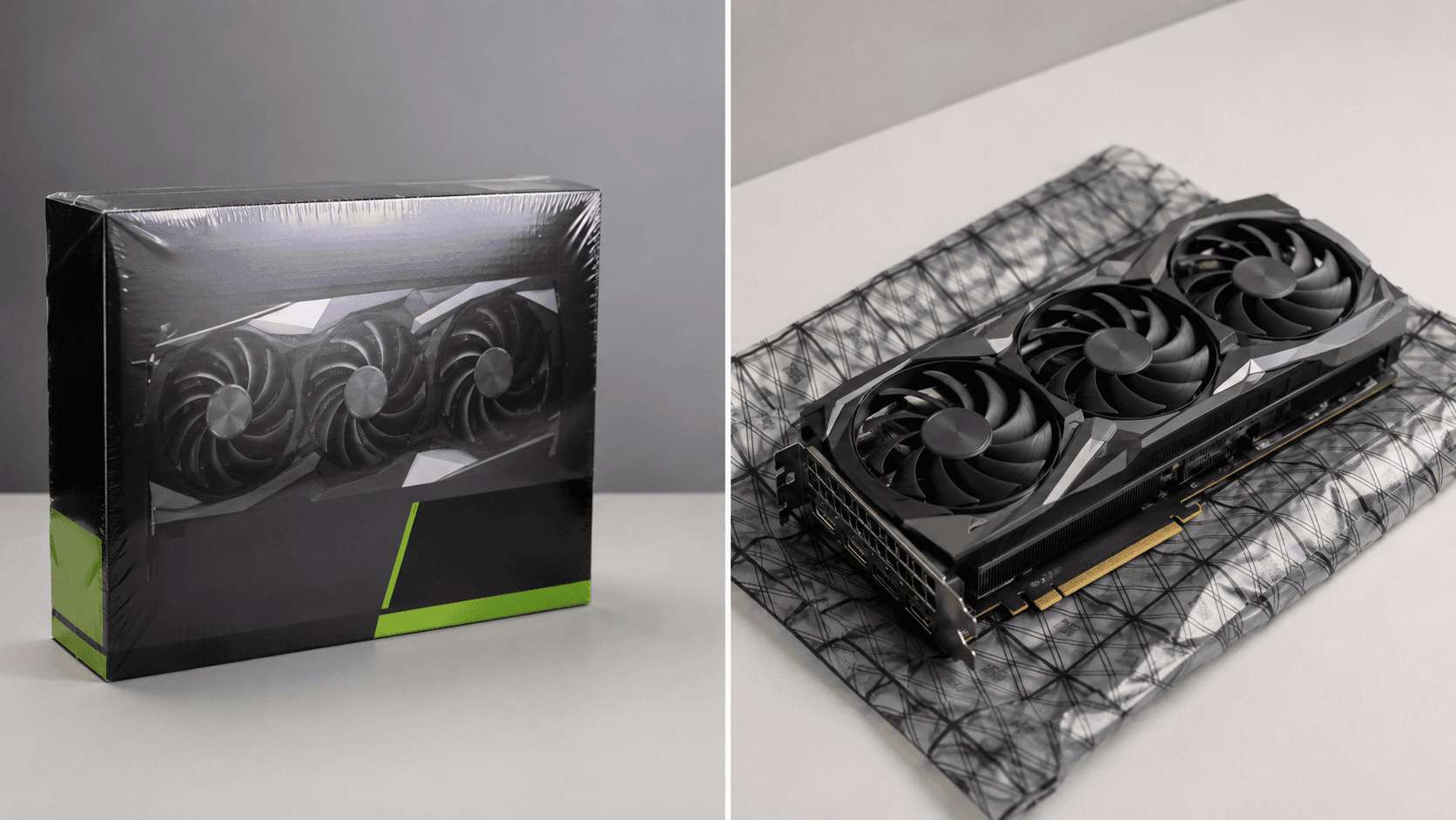 Split image comparing a sealed new graphics card retail box on the left with an unboxed used graphics card resting on an anti-static bag on the right