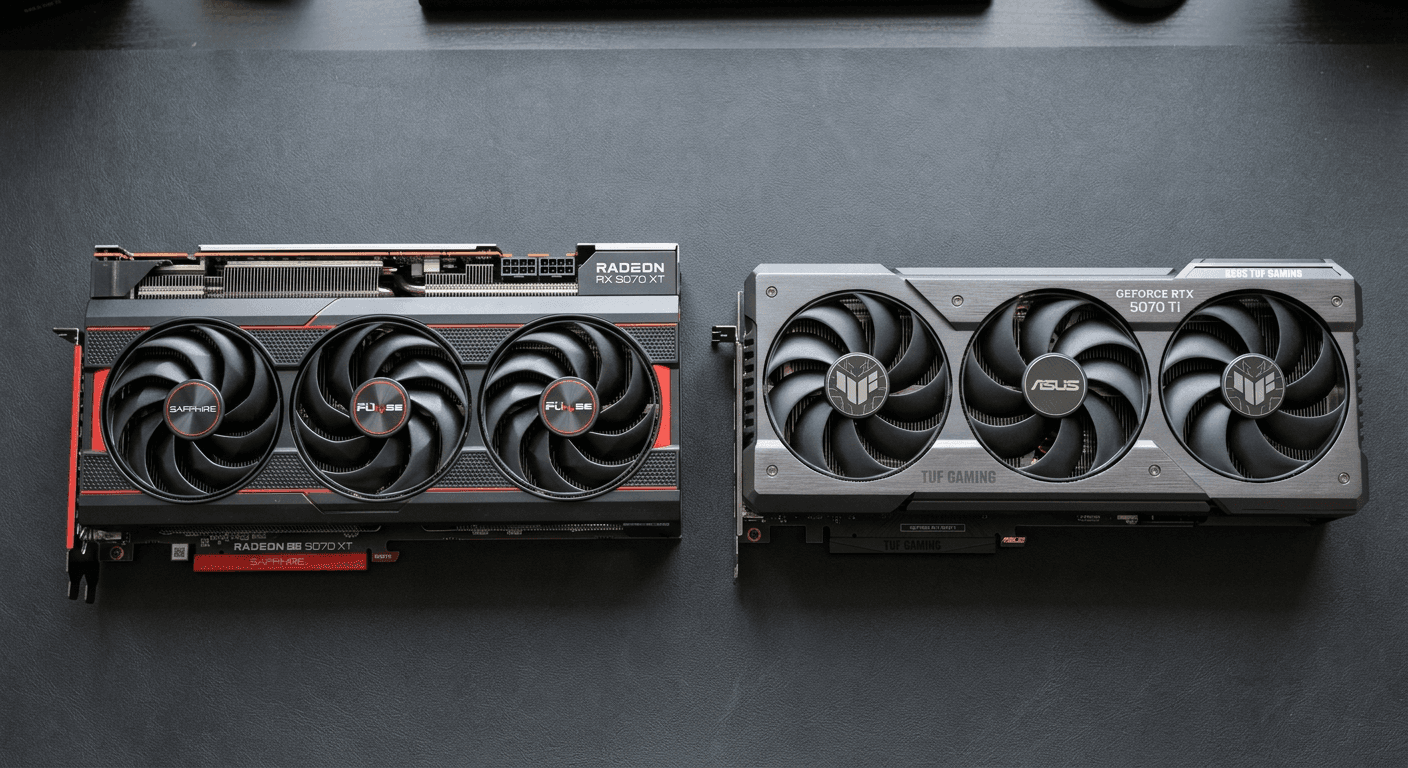 Side-by-side of an RX 9070 XT and RTX 5070 Ti card (ideally Sapphire Pulse and ASUS TUF or MSI Ventus), both laid flat on a clean dark surface. No branding overlay needed — just the hardware.