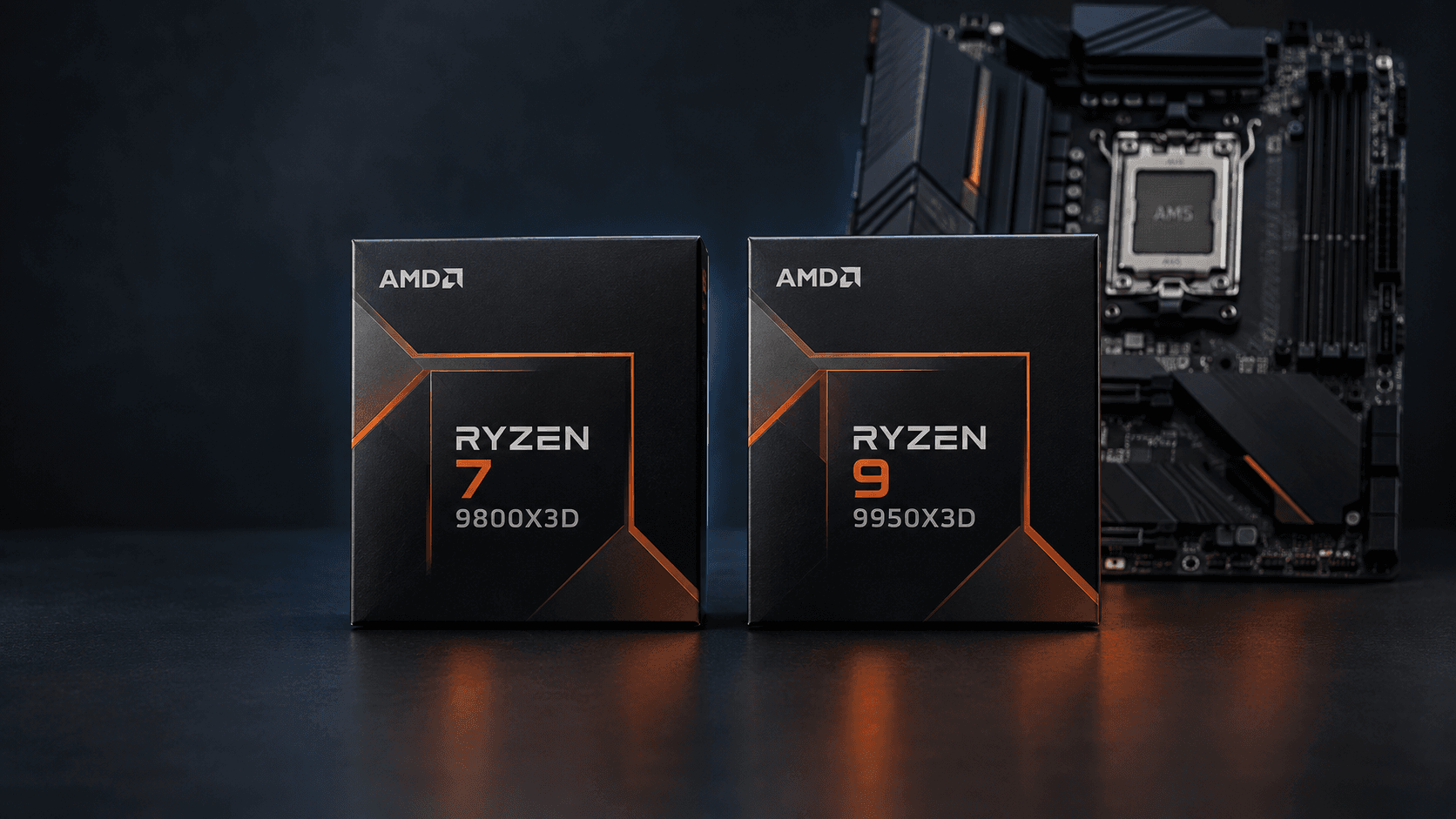 AMD Ryzen 7 9800X3D and Ryzen 9 9950X3D retail boxes side by side in front of an AM5 motherboard