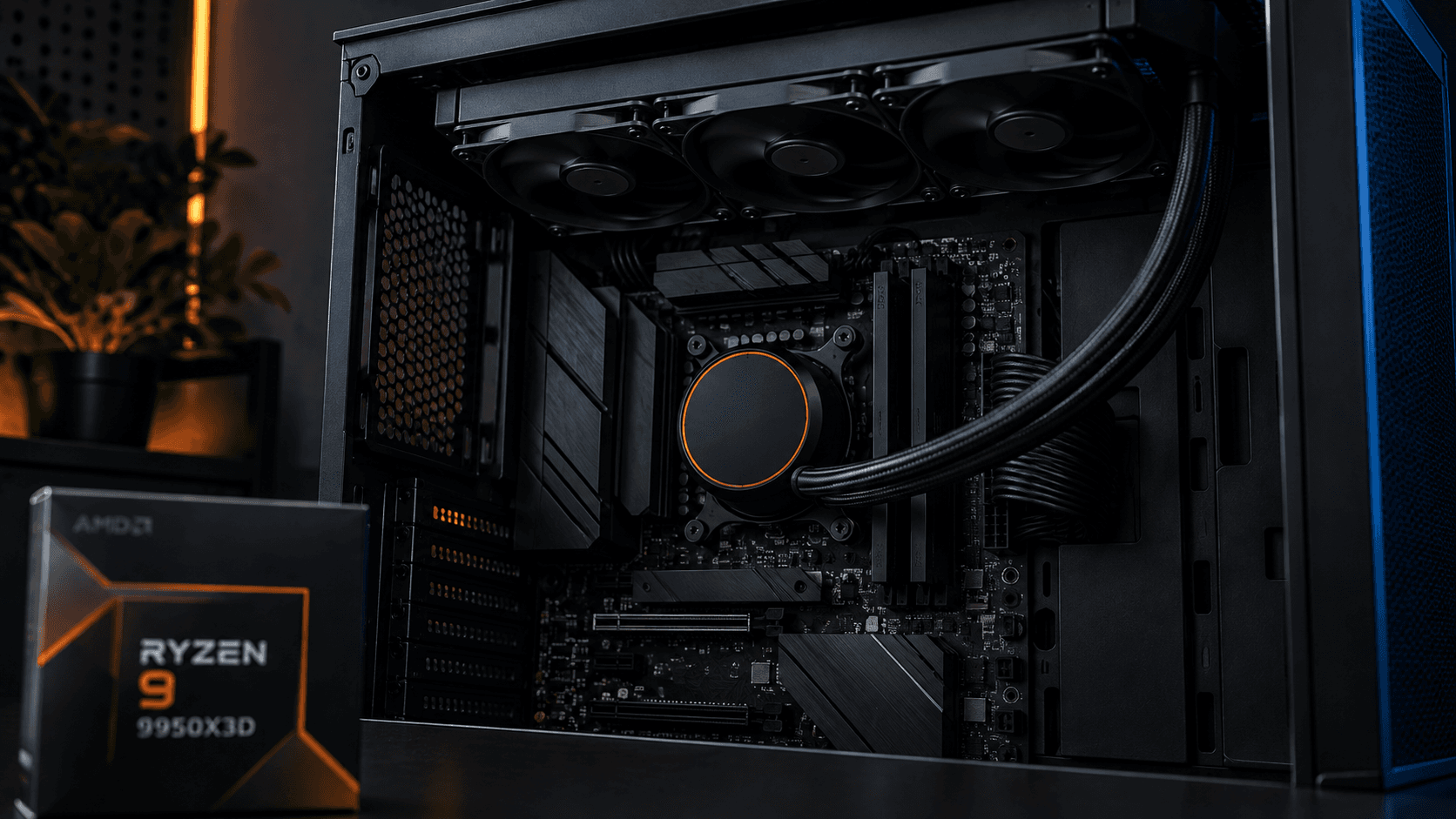 AM5 build with a 360mm AIO liquid cooler mounted on the CPU socket, next to a Ryzen 9 9950X3D retail box, showing the cooling the 9950X3D needs