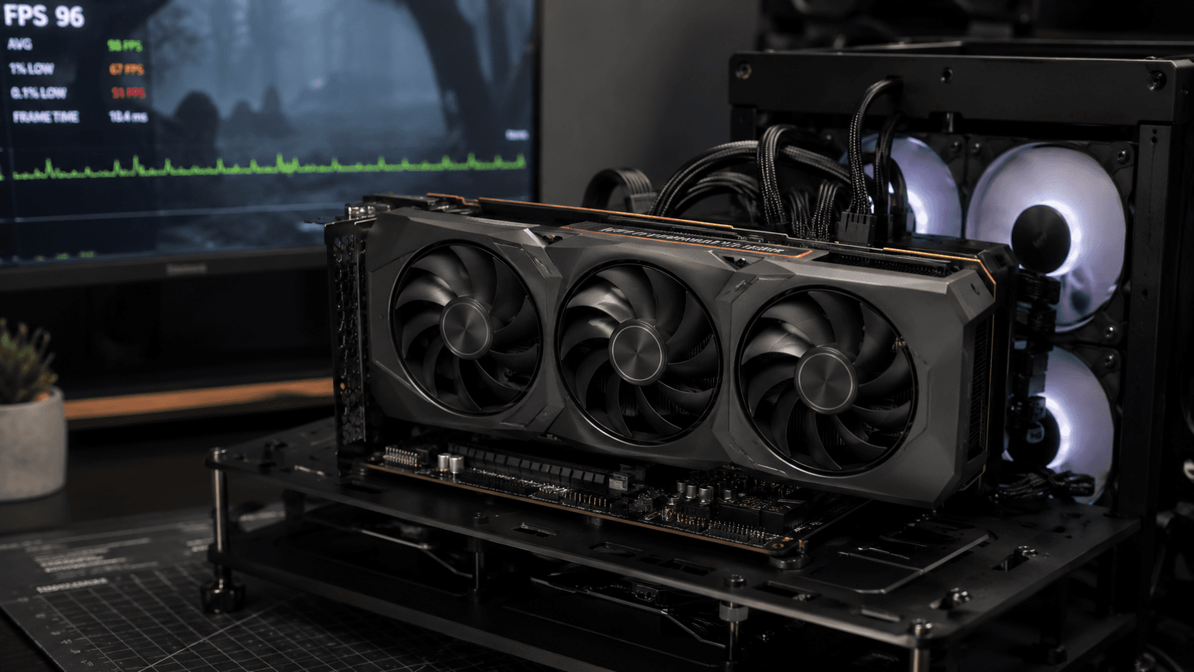 AMD RX 7800 XT graphics card on an open test bench with an FPS benchmark overlay on the monitor, used to test FSR 4.1 vs FSR 3.1 performance