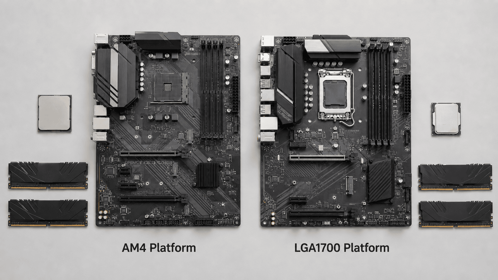 Side-by-side comparison of AM4 and LGA1700 motherboards with matching CPUs and DDR4 memory sticks, labeled AM4 Platform and LGA1700 Platform