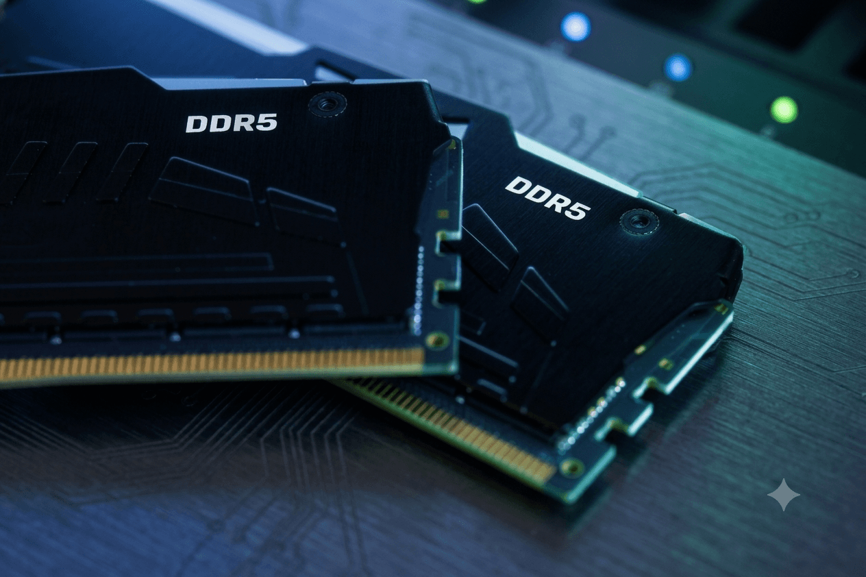 Two black DDR5 RAM memory modules with heat spreaders lying on a circuit-board-textured surface, illuminated by blue and green ambient lighting.