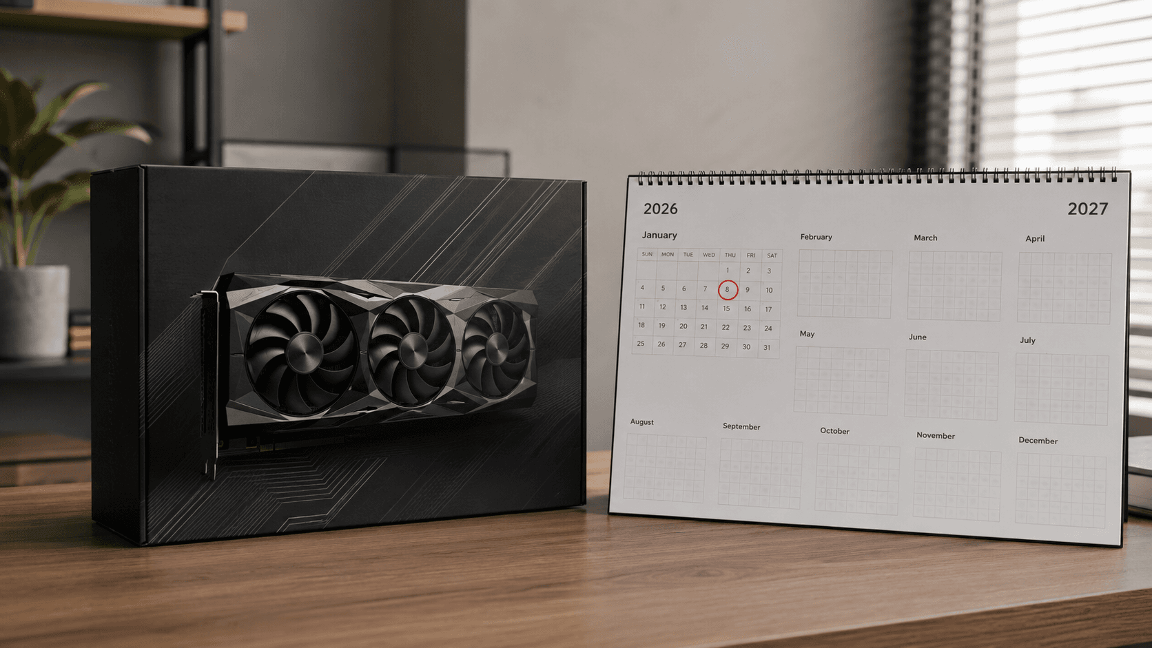 Graphics card box next to a 2026/2027 calendar with today's date circled and all future months left blank, symbolizing no new GPU launches scheduled
